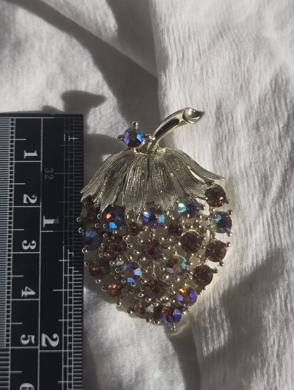 Gold-Tone Brown Aurora Crystal Strawberry Broach - Marked